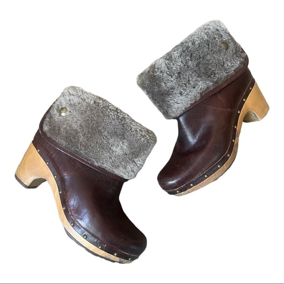 UGG lynnea brown leather Sherpa lined boots size 7 - Picture 1 of 10